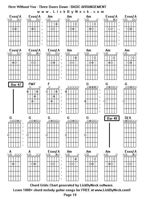 Chord Grids Chart of chord melody fingerstyle guitar song-Here Without You - Three Doors Down - BASIC ARRANGEMENT,generated by LickByNeck software.